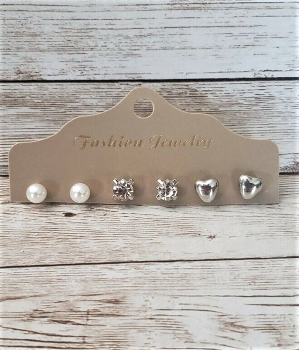 3 Pairs Stud Earrings - Faux Pearl, Clear Stone, Silver Tone Heart - Brand New